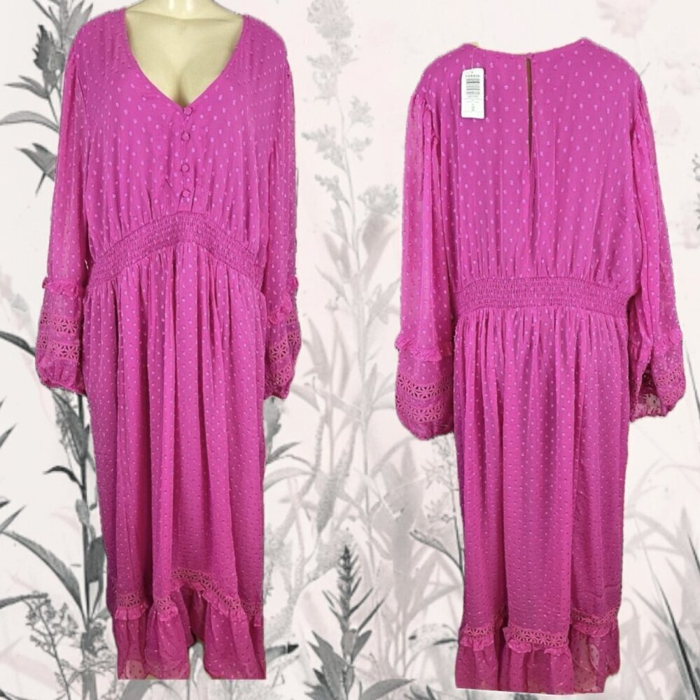 Festi +5 Pink V-Neck Sheer Lined Clip Dot Ruffle Detail Long Sleeve Maxi Dress